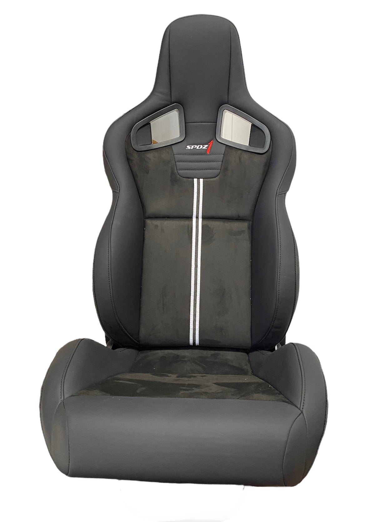 Black leather and suede racing seat by Speedzone Performance LLC with double stripe details, designed for high-performance driving.