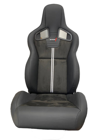 Black leather and suede racing seat by Speedzone Performance LLC with double stripe details, designed for high-performance driving.