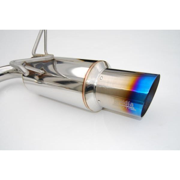 Invidia Dual N1 Burnt Titanium Tips cat back exhaust system on a 2008-2014 Subaru WRX/STI sedan, showing the exhaust tips and pipe.