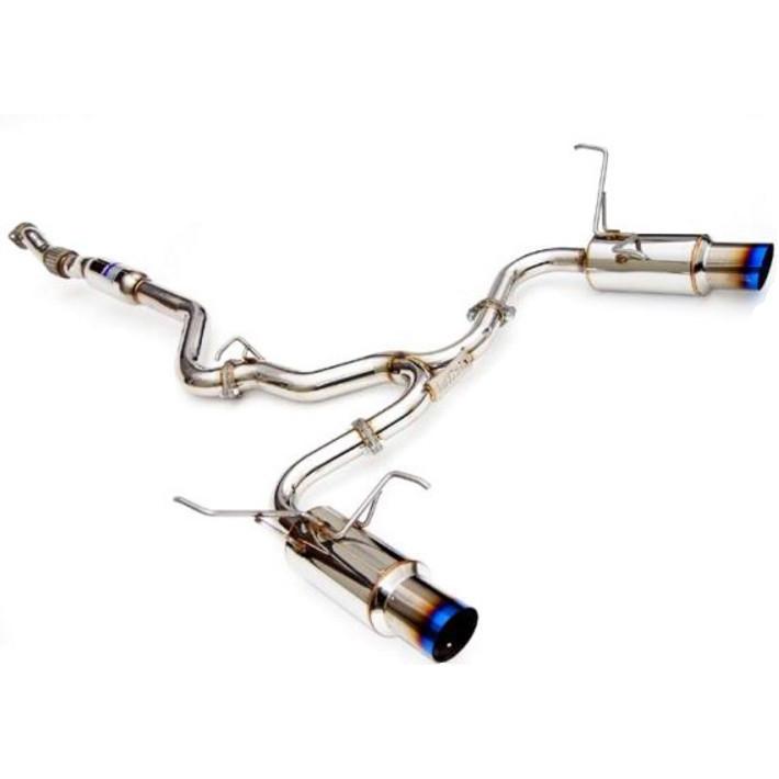 Invidia Dual N1 Burnt Titanium Tips cat back exhaust system on a Subaru WRX/STI sedan 2008-2014, showcasing polished titanium tips.