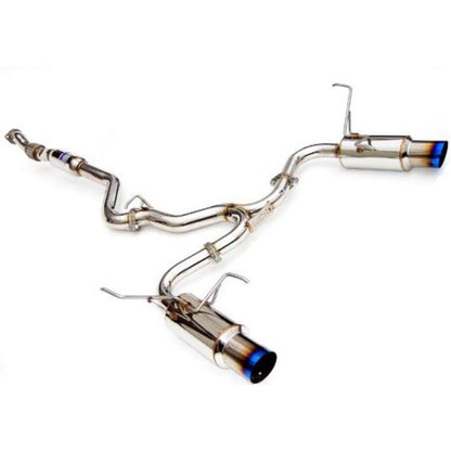 Invidia Dual N1 Burnt Titanium Tips cat back exhaust system on a Subaru WRX/STI sedan 2008-2014, showcasing polished titanium tips.