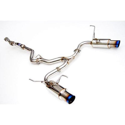 Invidia N1 dual cat back exhaust system with burnt titanium tips on a Subaru WRX/STI sedan, showcasing the sleek exhaust design.