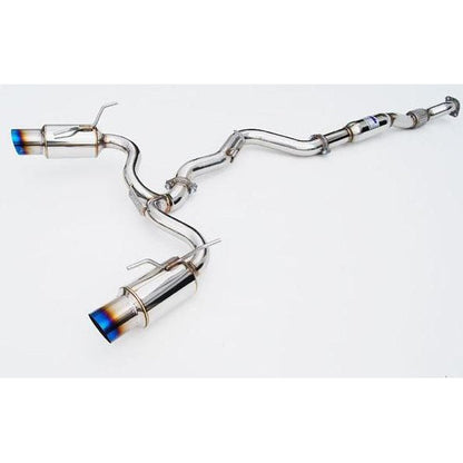 Invidia N1 Dual Titanium Cat Back Exhaust system installed on 2008-2014 Subaru STI and 2011-2014 WRX Hatchback, showing dual titanium tips.