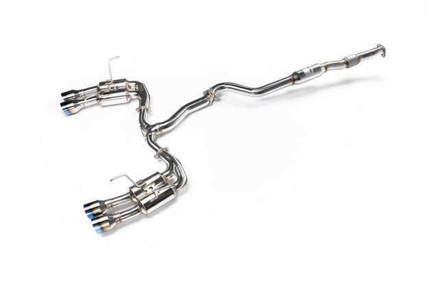 Invidia Gemini R400 titanium quad tip cat back exhaust system for 2015-2021 Subaru WRX and STI, with sleek titanium finish.
