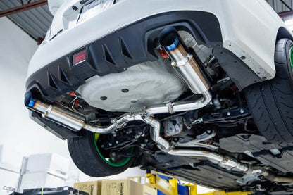 Invidia N1 dual cat back exhaust system with titanium tips installed on a 2015-2021 Subaru WRX/STI or 2014-2017 Forester XT.