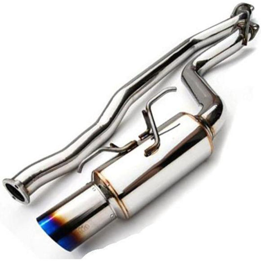 Invidia N1 Racing titanium tip cat back exhaust system installed on a 2008-2014 Subaru WRX/STI sedan, showing polished exhaust tips.
