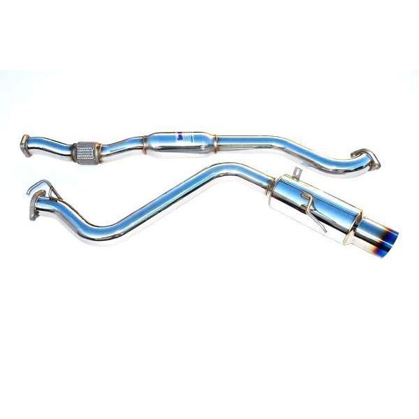 Invidia N1 Titanium Tip cat back exhaust system installed on a 2008-2014 Subaru WRX or 2011-2014 STI sedan, showcasing the exhaust tip and pipes.