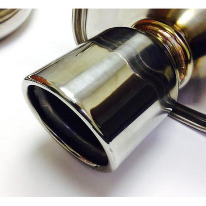 Invidia Q300 single cat-back exhaust system installed on a 2015-2021 Subaru WRX STI, featuring polished stainless steel exhaust pipes.
