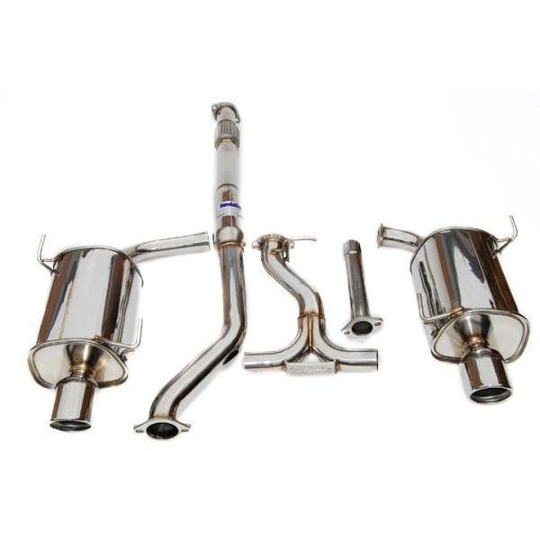 Invidia Q300 dual tip cat-back exhaust system installed on a 2008-2014 Subaru WRX Sedan and 2011-2014 STI Sedan, with dual exhaust tips.