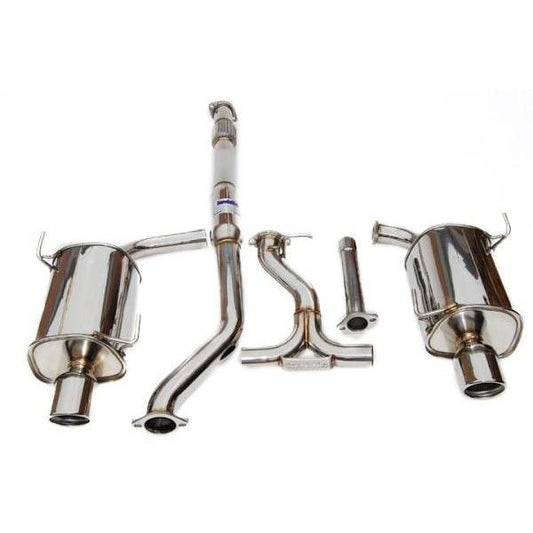 Invidia Q300 dual tip cat-back exhaust system installed on a 2008-2014 Subaru WRX Sedan and 2011-2014 STI Sedan, with dual exhaust tips.