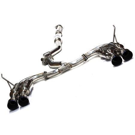 Invidia R400 Gemini cat-back exhaust system with quad titanium tips on a 2011-2014 Subaru WRX/STI sedan, showcasing polished metal and exhaust pipes.