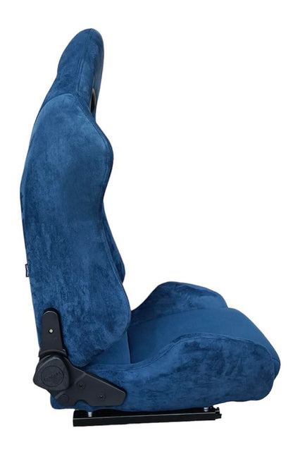 Side view of Speedzone Performance LLC JBR1099 BL racing seats, featuring sleek design and racing harness slots for high-performance driving.