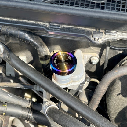 JDC Titanium clutch fluid reservoir cap cover for BRZ, FR-S, 86, and Subaru models, made of durable titanium with a sleek finish.