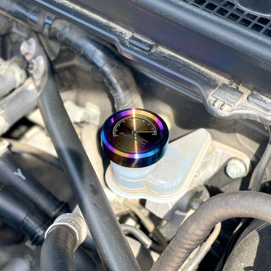 JDC Titanium clutch fluid reservoir cap cover for BRZ, FR-S, 86, and Subaru models, featuring a sleek, durable titanium finish.
