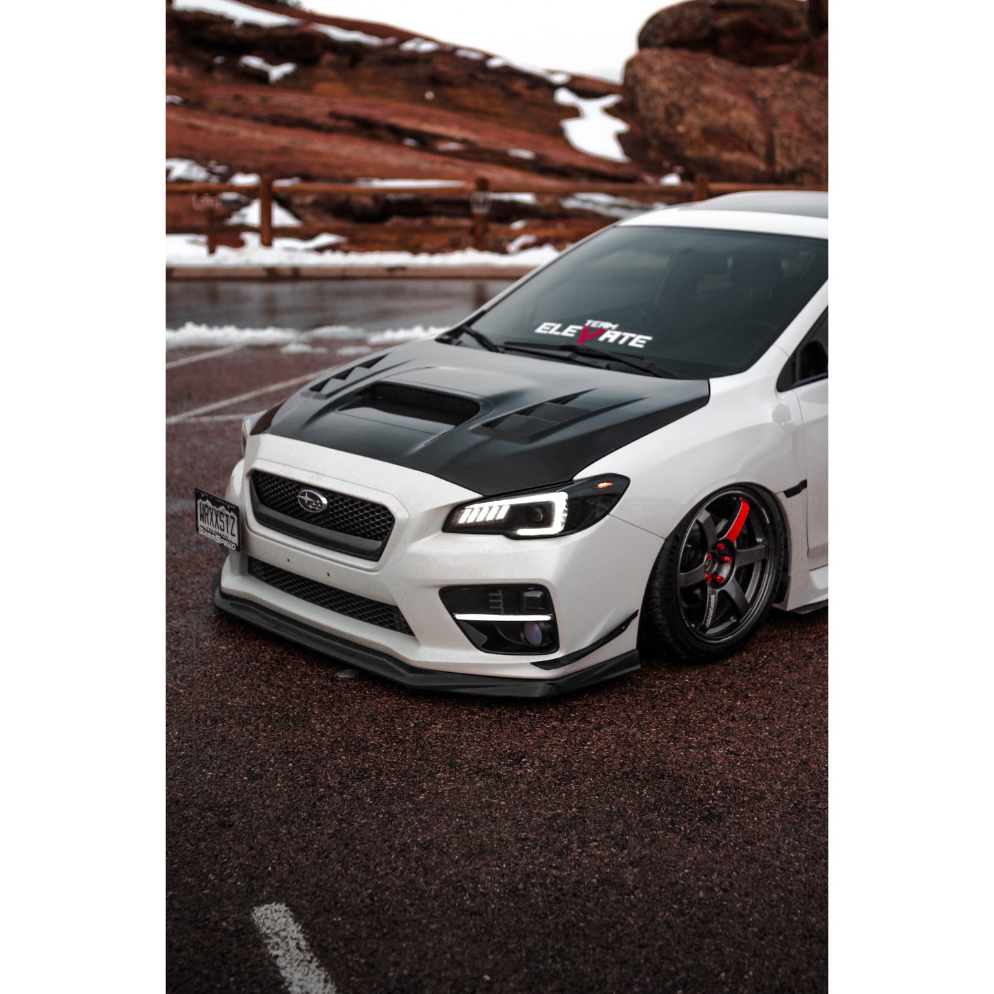 JDMuscle VR Style carbon fiber front bumper lip for 2015-2017 Subaru WRX/STI, enhances sporty appearance and aerodynamics.