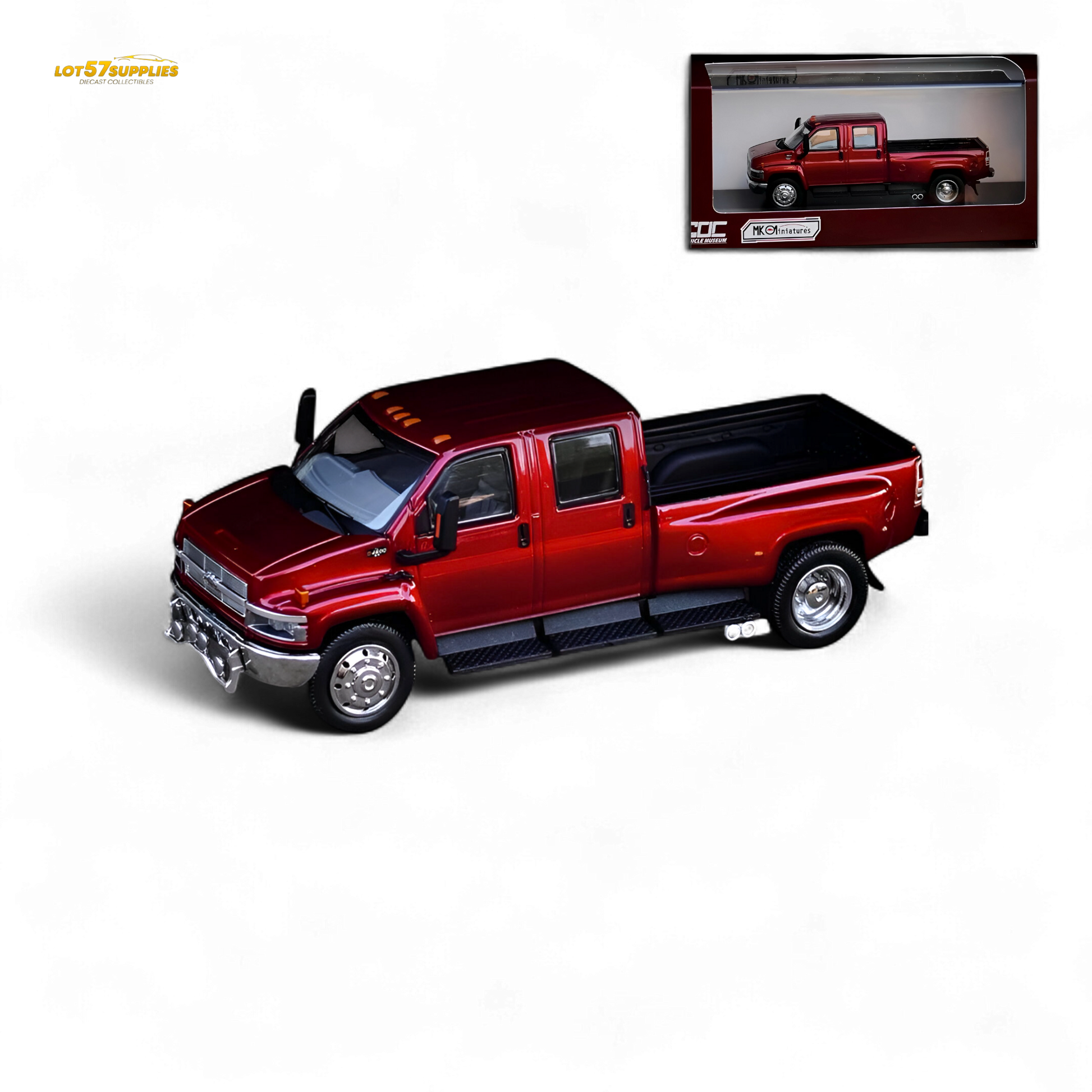 Red Chevrolet Kodiak miniature truck in 1:64 scale by Lot57Supplies Diecast Shop, featuring metallic red finish and detailed design.