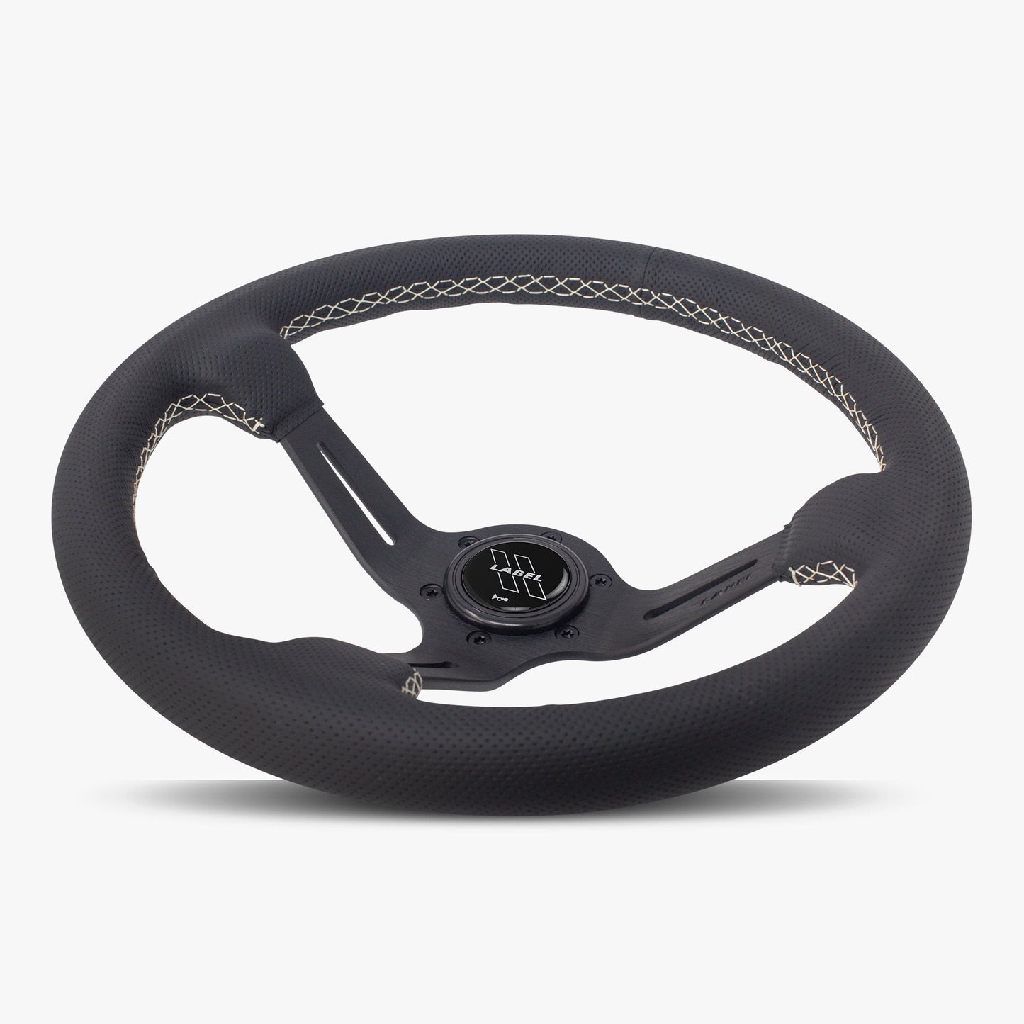 Black perforated leather steering wheel with white stitching and black spoke, designed for performance vehicles.