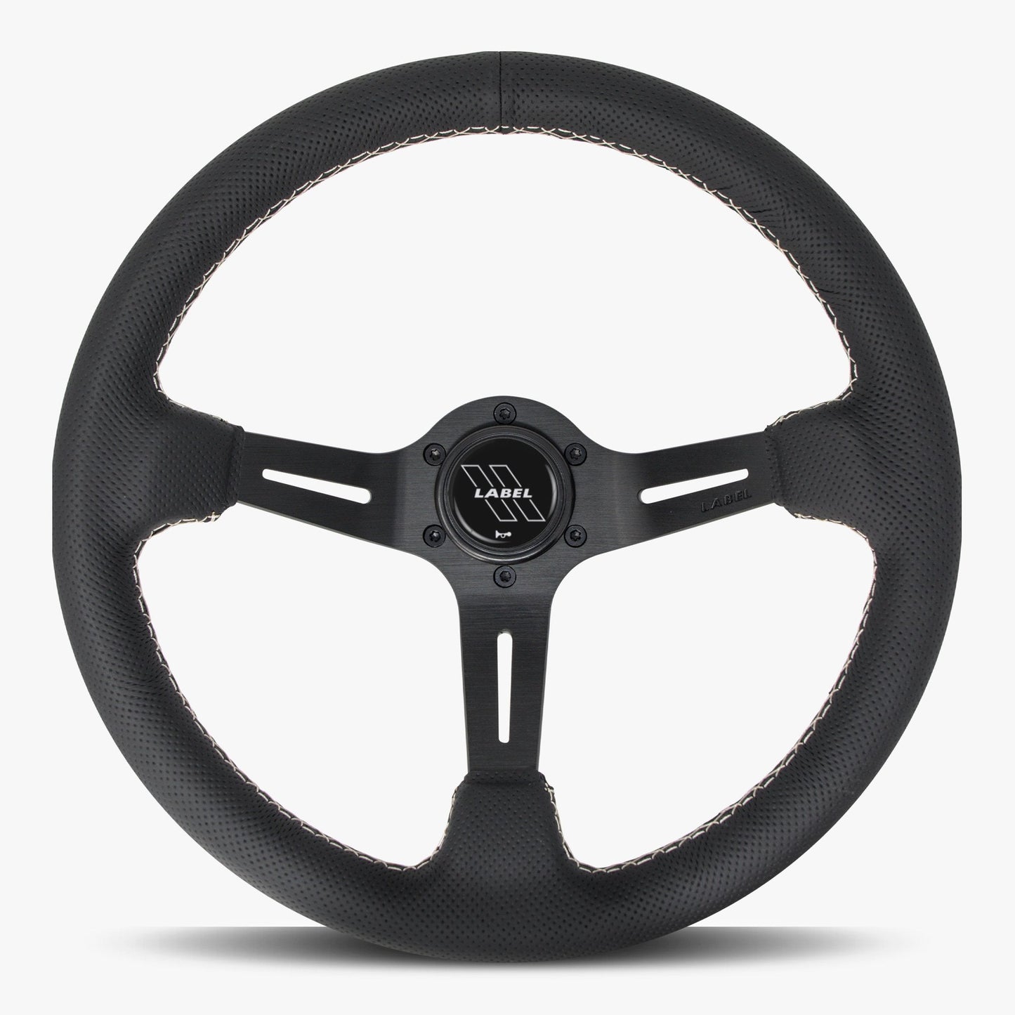 Black perforated leather steering wheel with white stitching and black spoke, designed for performance cars by Speedzone Performance LLC.