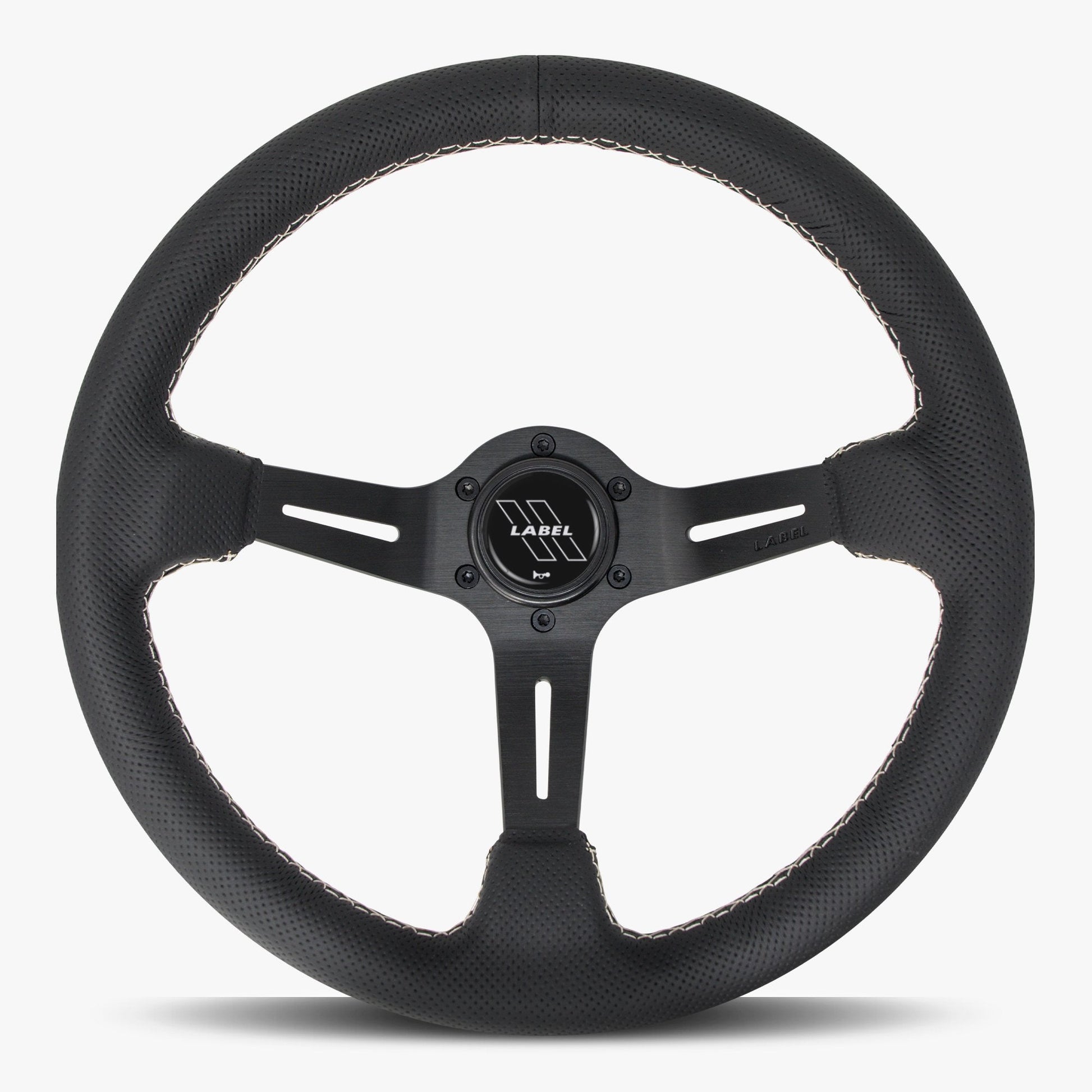 Black perforated leather steering wheel with white stitching and black spoke, designed for performance cars by Speedzone Performance LLC.