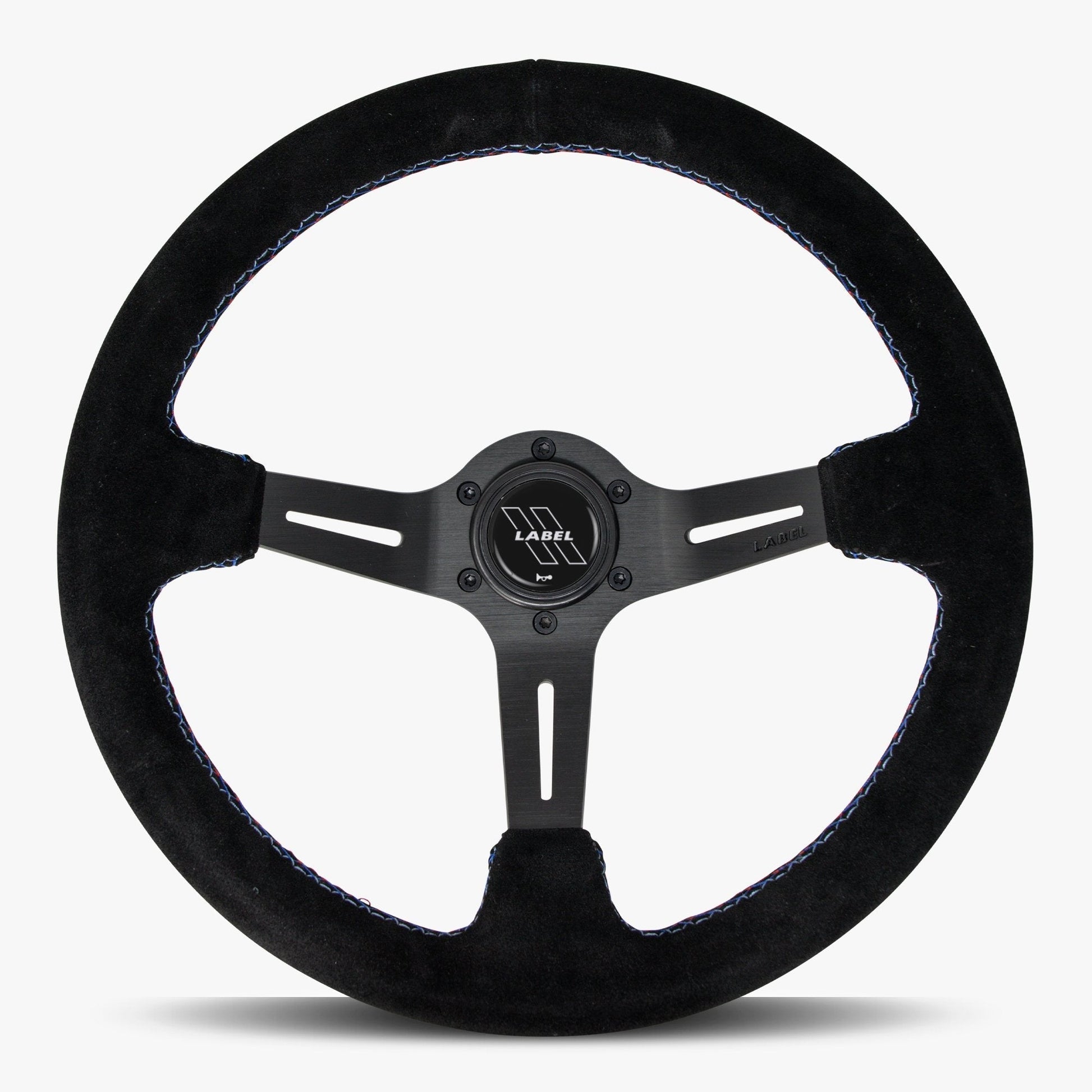Black Alcantara suede steering wheel with black spoke and Bavarian stitch by Speedzone Performance LLC, The Le Mans model.