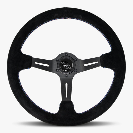 Black Alcantara suede steering wheel with black spoke and Bavarian stitch by Speedzone Performance LLC, The Le Mans model.
