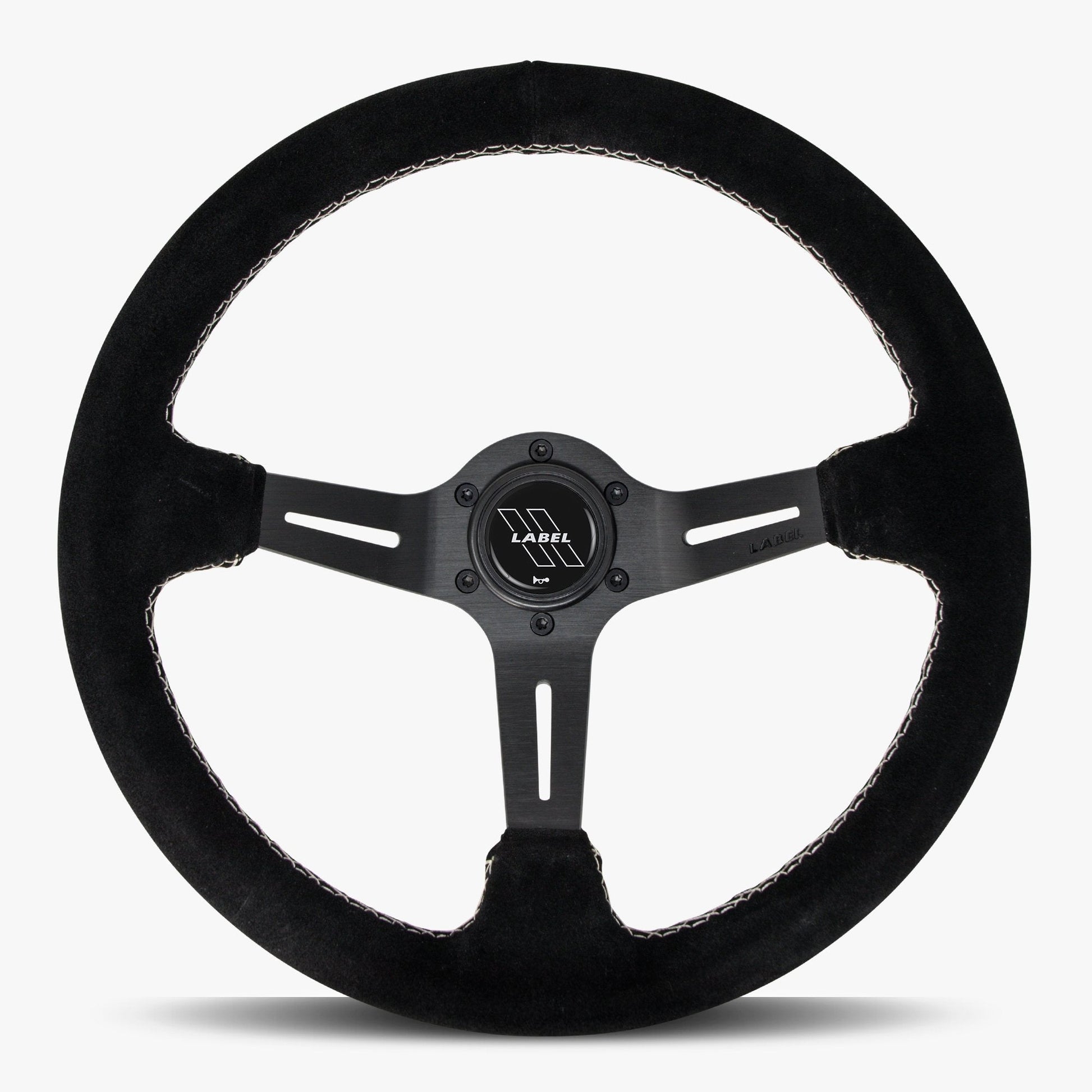 Black Alcantara suede steering wheel with black spoke and white stitching by Speedzone Performance LLC, The Le Mans model.