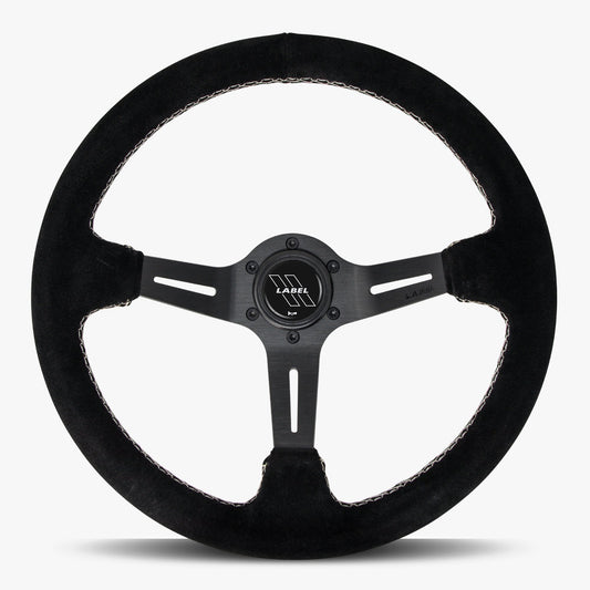 Black Alcantara suede steering wheel with black spoke and white stitching by Speedzone Performance LLC, The Le Mans model.