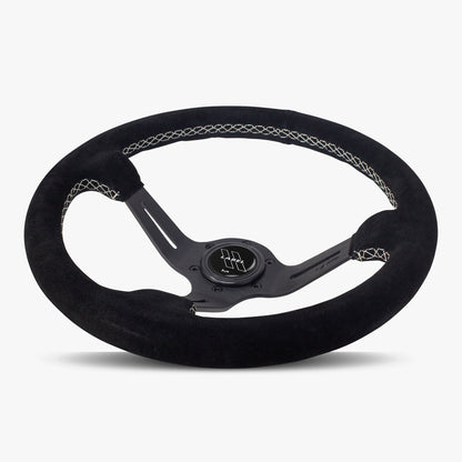 Black Alcantara suede steering wheel with black spoke and white stitching by Speedzone Performance LLC, designed for performance cars.