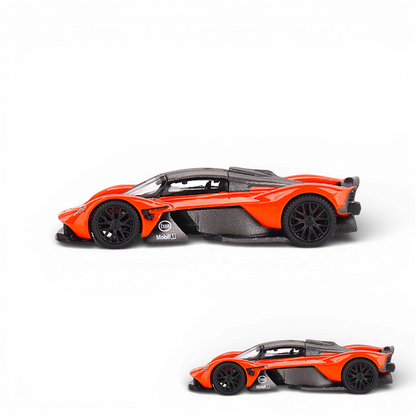 Mini GT Aston Martin Valkyrie diecast model car in maximum orange, 1:64 scale, detailed collectible from Lot57Supplies.