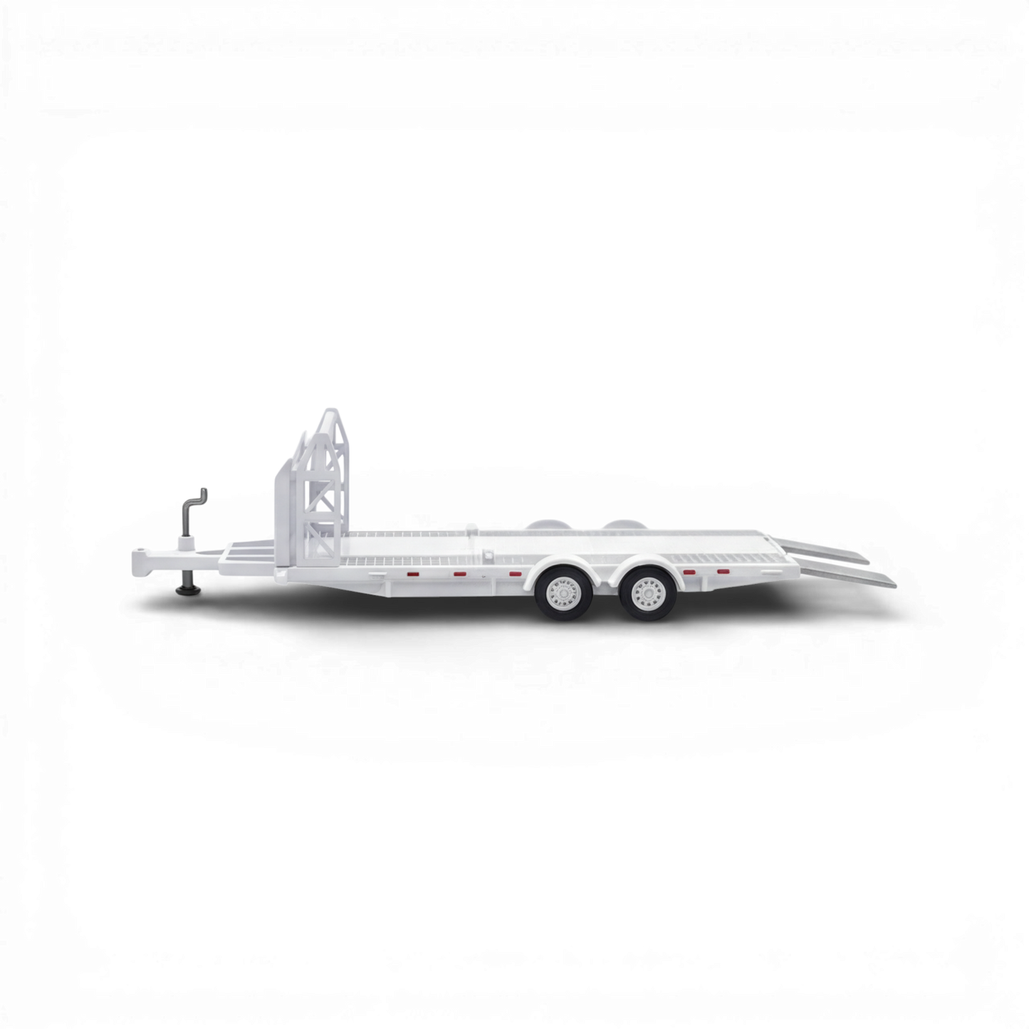 White Aurora model car towing trailer in 1:64 scale, detailed diecast design from Lot57Supplies Diecast Shop.