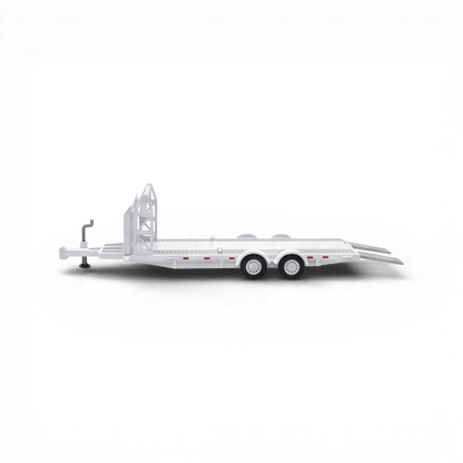 White Aurora model car towing trailer in 1:64 scale, detailed diecast design from Lot57Supplies Diecast Shop.