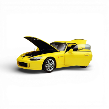 Yellow Honda S2000 AP2 diecast model by Motorhelix, 1:18 scale, detailed replica showcasing the sporty design and vibrant color.