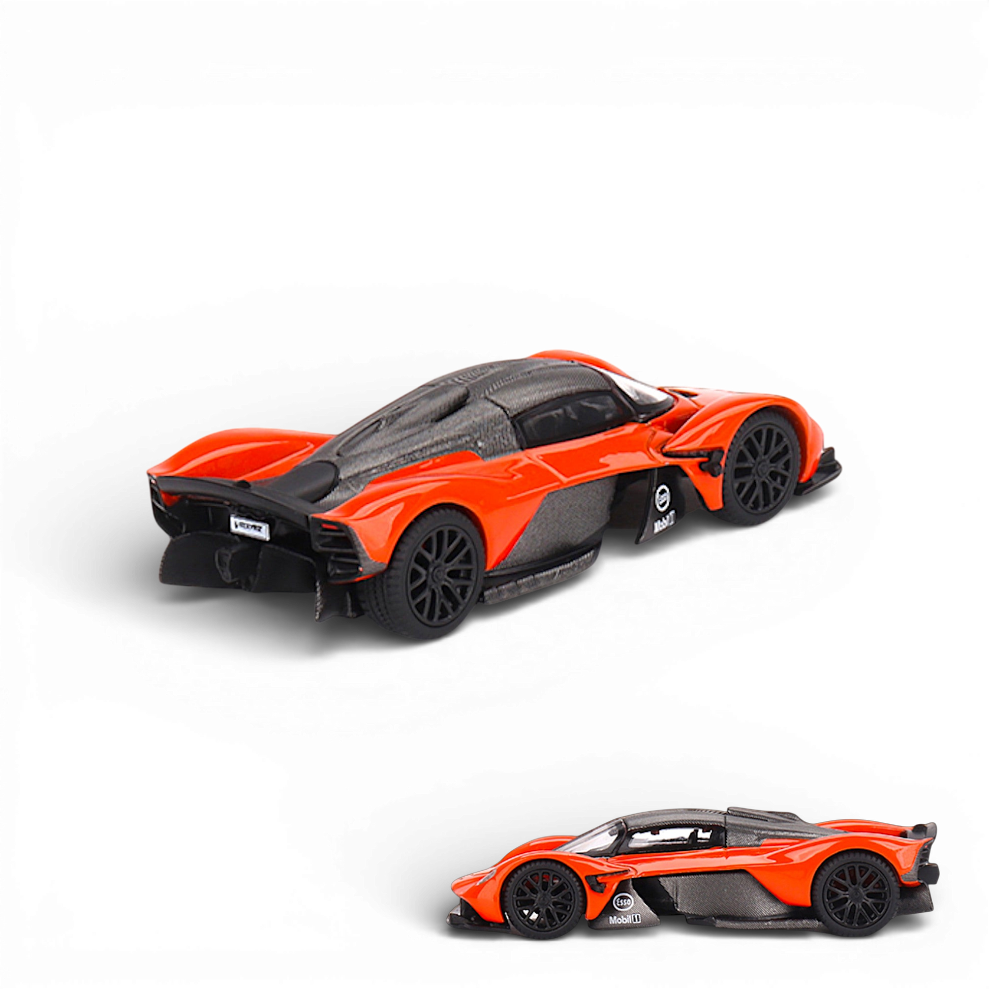 Mini GT Aston Martin Valkyrie diecast model in maximum orange, 1:64 scale, showcasing detailed design and sleek sports car features.