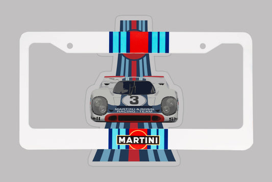 Martini Racing license plate frame by Bad Taste Worldwide featuring bold branding and racing-inspired design.