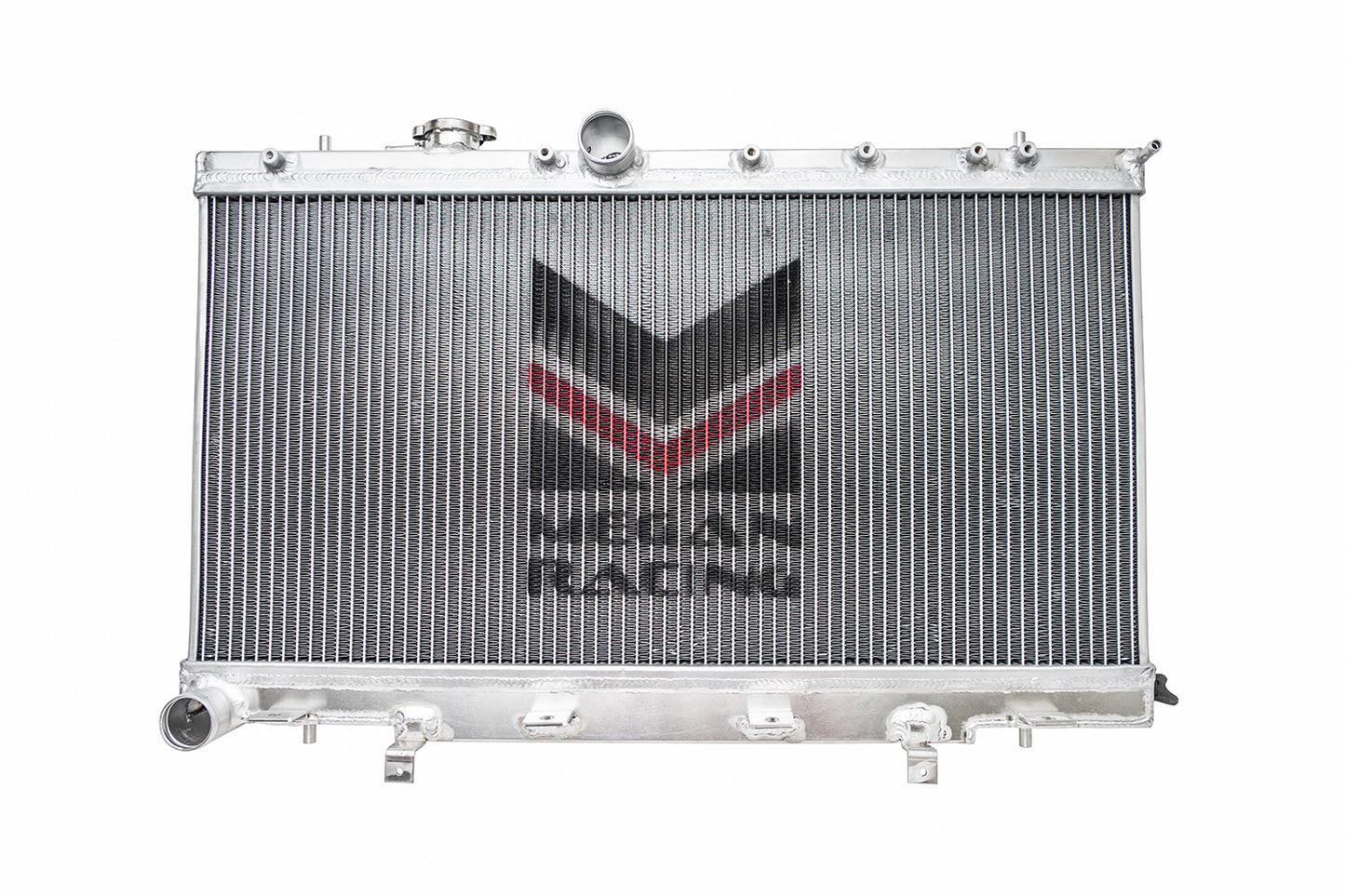 FR SPORT Megan Racing 2-Row Aluminum Radiator for 2002-2007 Subaru WRX/STI, shown installed in engine bay.