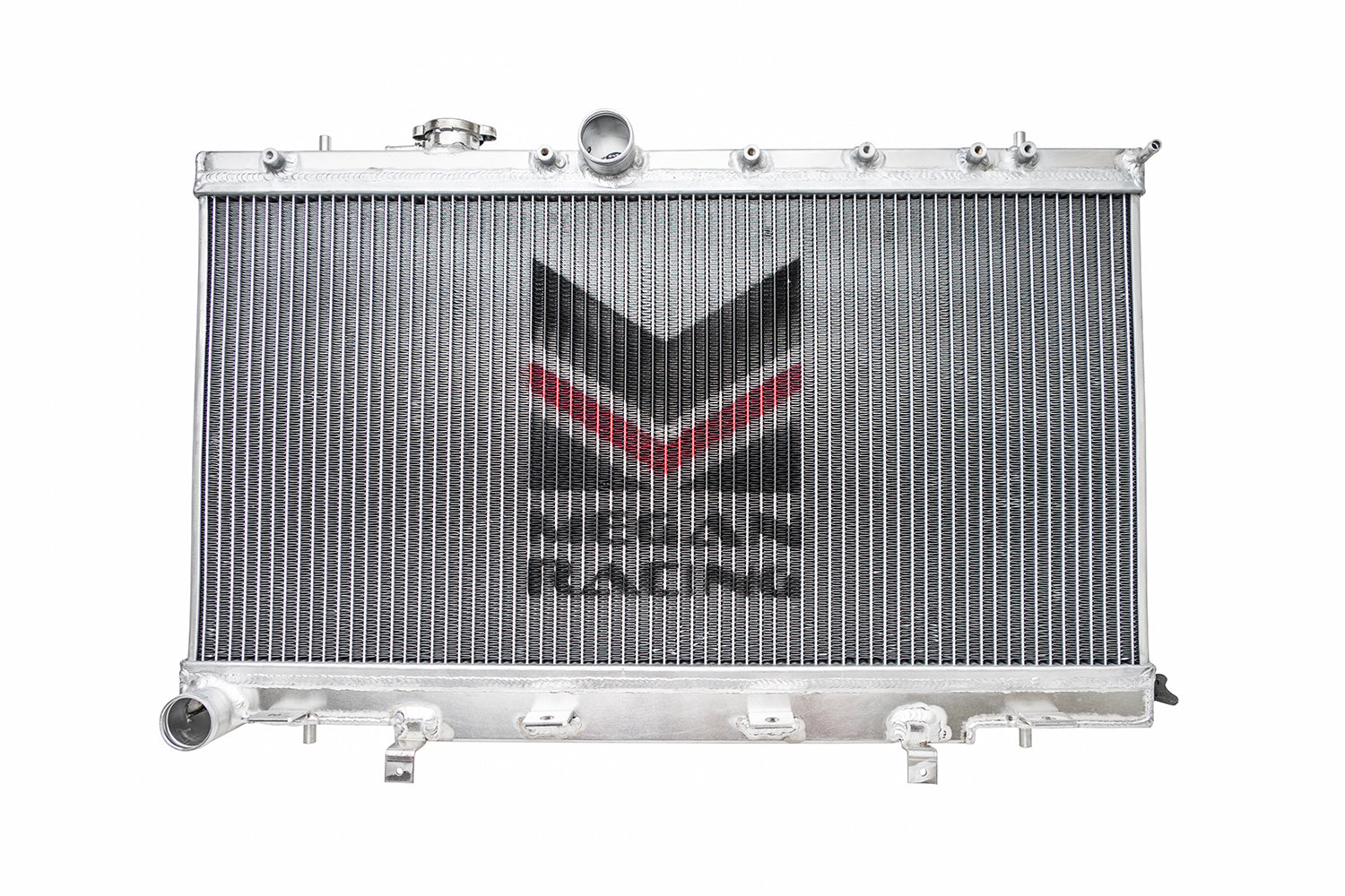 FR SPORT Megan Racing 2-Row Aluminum Radiator for 2002-2007 Subaru WRX/STI, shown installed in engine bay.
