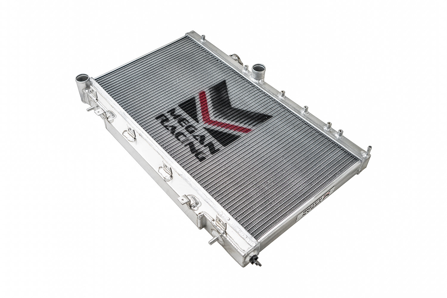 FR SPORT Megan Racing 2-Row Aluminum Radiator for 2002-2007 Subaru WRX/STI, front view showing sleek aluminum core