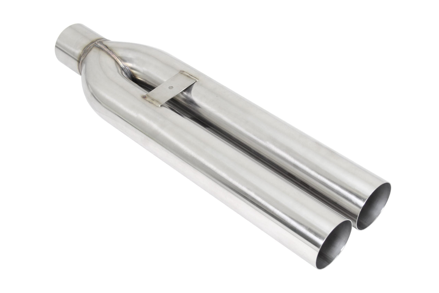 Stainless steel Megan Racing twin exit exhaust tip mounted on a universal 3-inch blast pipe, designed for performance vehicles.