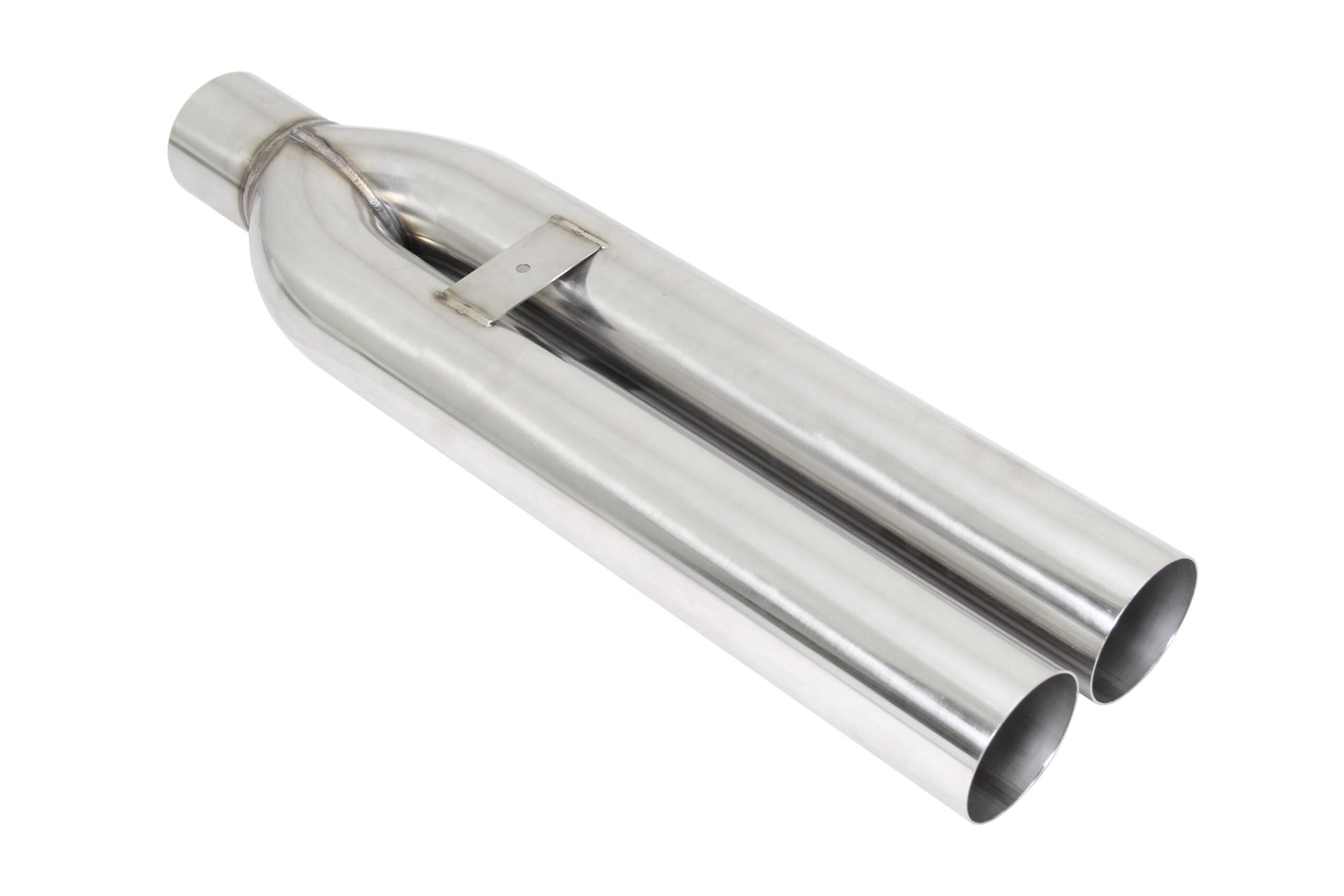 Stainless steel Megan Racing twin exit exhaust tip mounted on a universal 3-inch blast pipe, designed for performance vehicles.