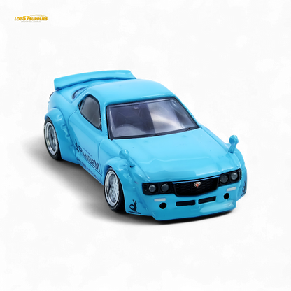 Pre-order Inno64 Mazda RX7 FD3S Pandem Tiff Blue 1:64 scale diecast model showcasing detailed design and vibrant color.
