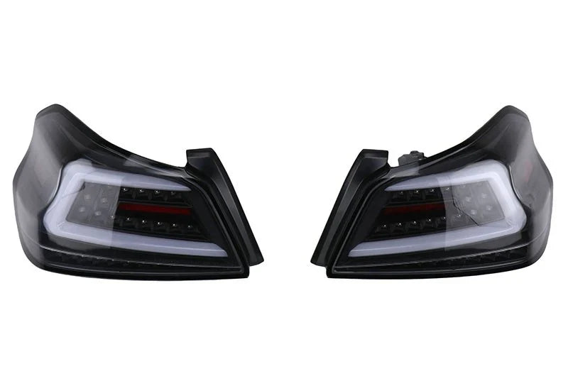 NTXGlow Spec-D LED tail lights with black housing for 2015-2021 Subaru WRX and STI, featuring sleek black LED design