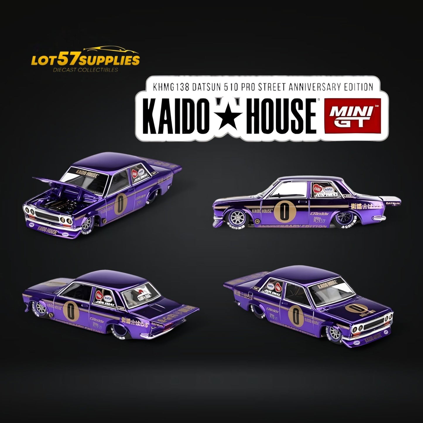 Mini GT x Kaido House Datsun 510 PRO STREET diecast car in chrome purple, 1:64 scale from Lot57Supplies Diecast Shop.