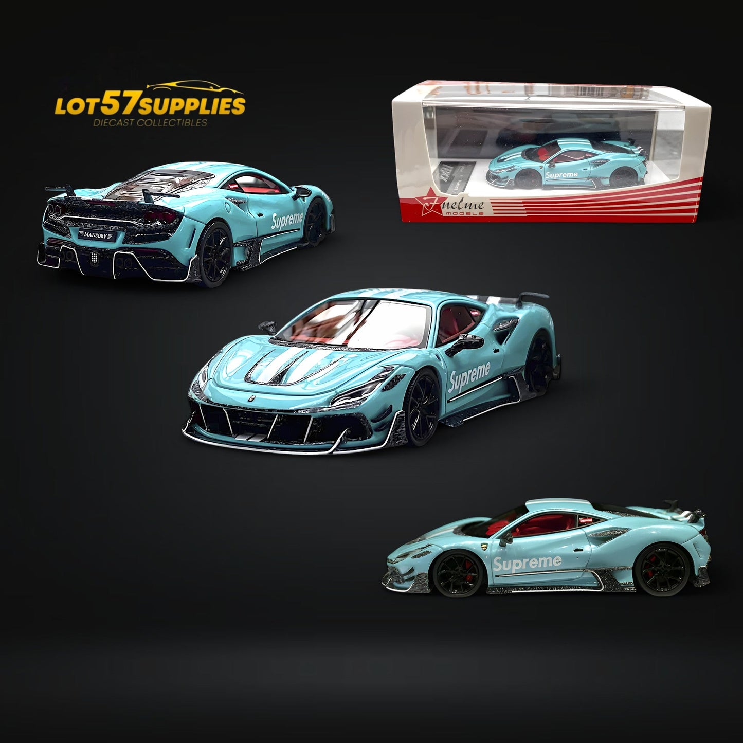 Blue Ferrari F8XX diecast model by FuelMe Ferrari Mansory SUPRME 1:64 scale, detailed miniature car on a plain background.