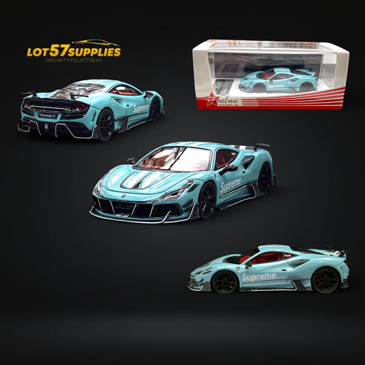 Blue Ferrari F8XX diecast model by FuelMe Ferrari Mansory SUPRME 1:64 scale, detailed miniature car on a plain background.