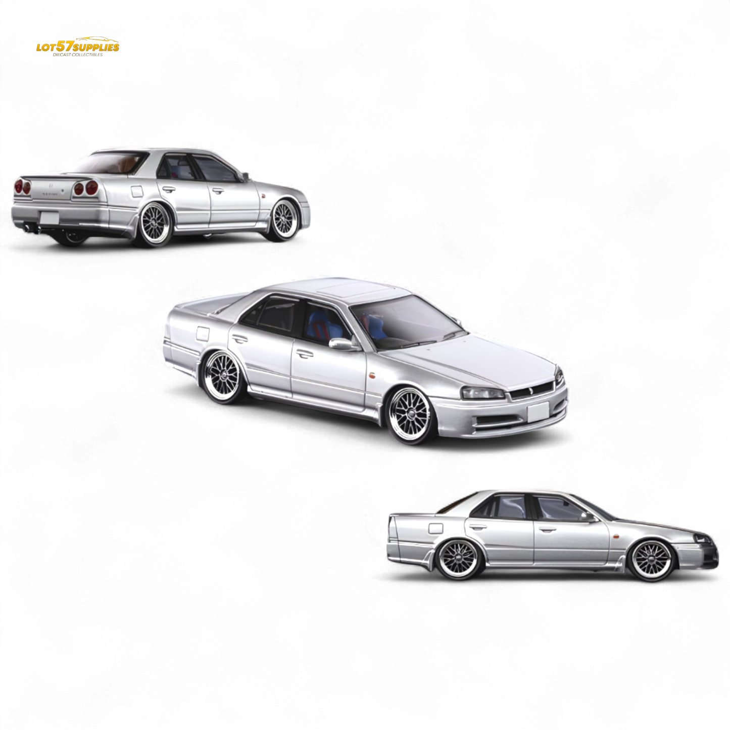 Silver Nissan Mortal ER34 Skyline 25GT-t diecast model in 1:64 scale showing detailed exterior features