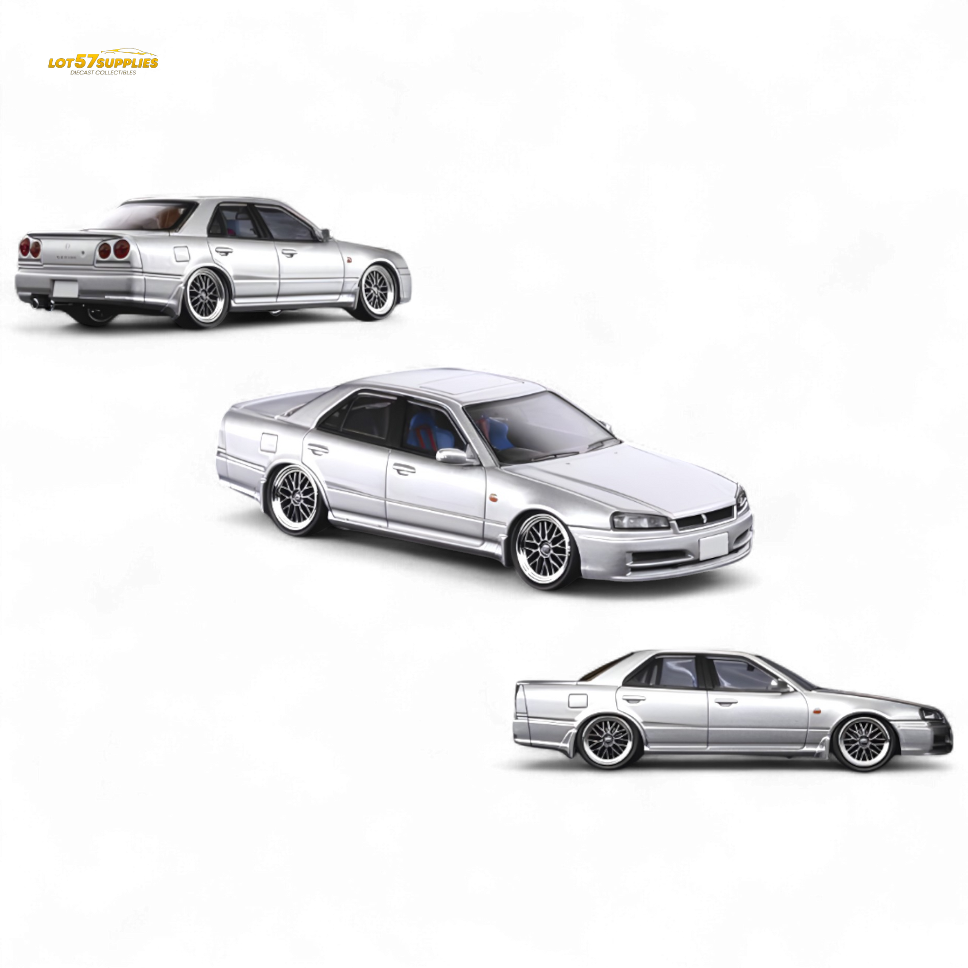 Silver Nissan Mortal ER34 Skyline 25GT-t diecast model in 1:64 scale showing detailed exterior features