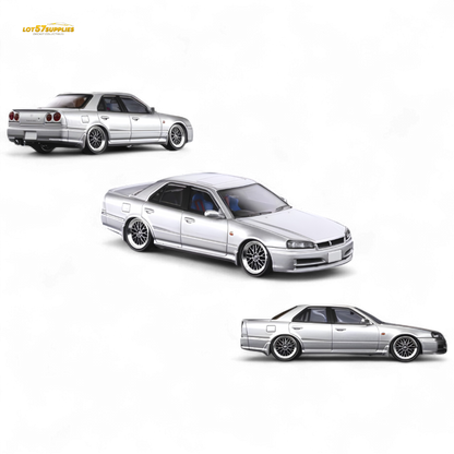 Silver Nissan Mortal ER34 Skyline 25GT-t diecast model in 1:64 scale showing detailed exterior features