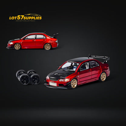 Metallic red Mitsubishi Lancer Evolution IX diecast model car in 1:64 scale with widebody kit from Lot57Supplies Diecast Shop.
