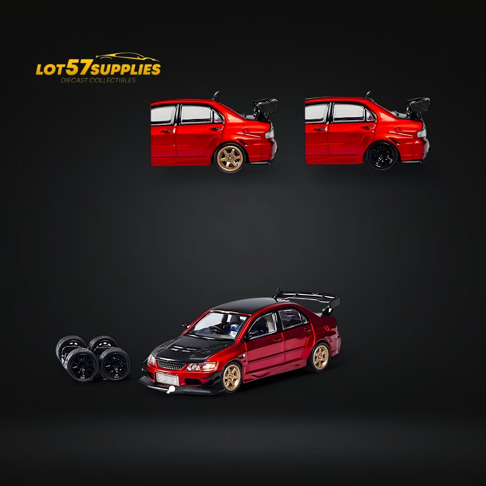 Metallic red 1:64 scale Mitsubishi Lancer Evolution IX widebody diecast model car by Lot57Supplies Diecast Shop
