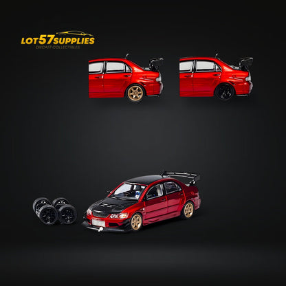 Metallic red 1:64 scale Mitsubishi Lancer Evolution IX widebody diecast model car by Lot57Supplies Diecast Shop